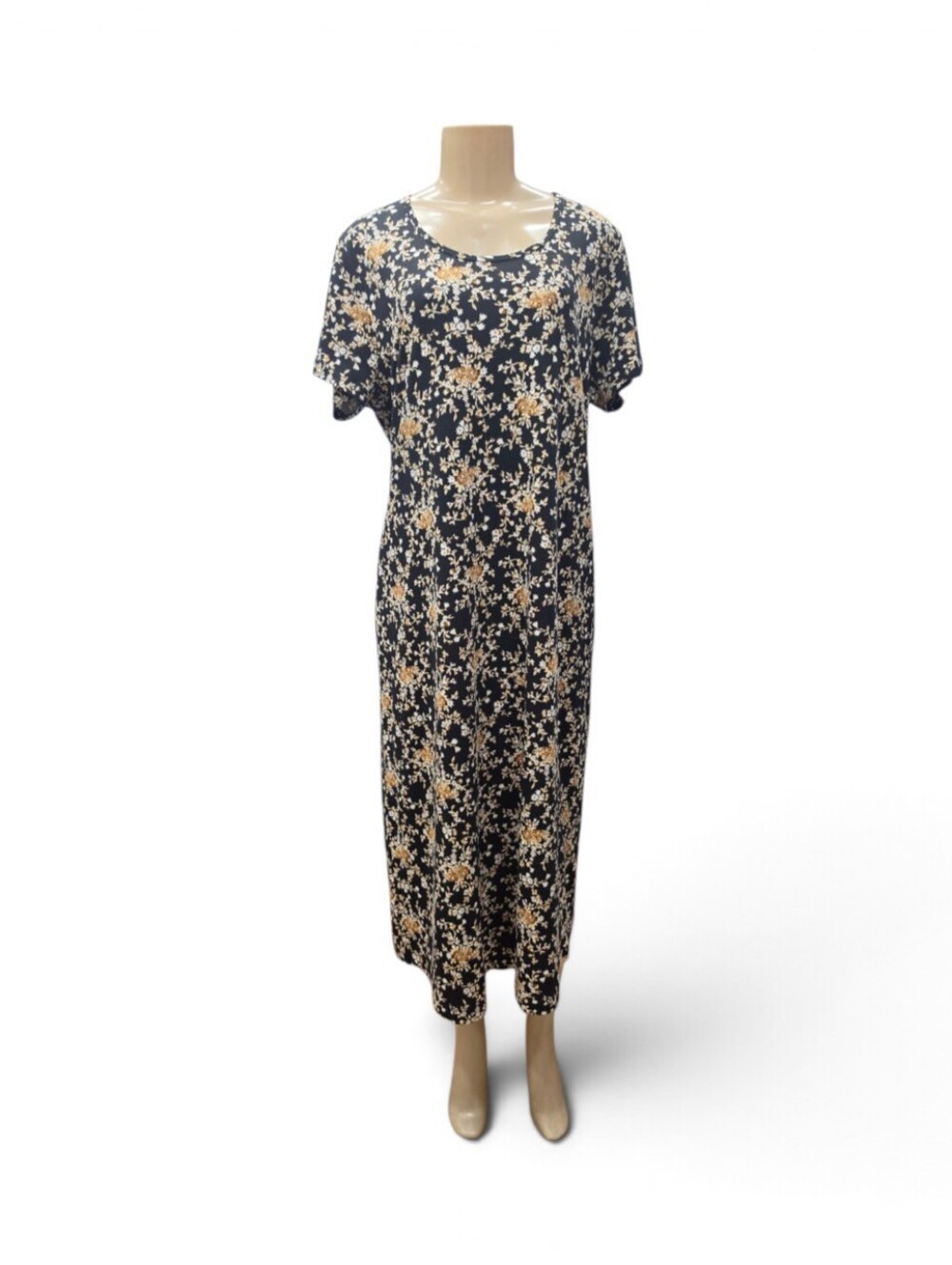 Lands' End Women's Black Floral Scoop Neck Cotton T-Shirt Midi Dress Size L P